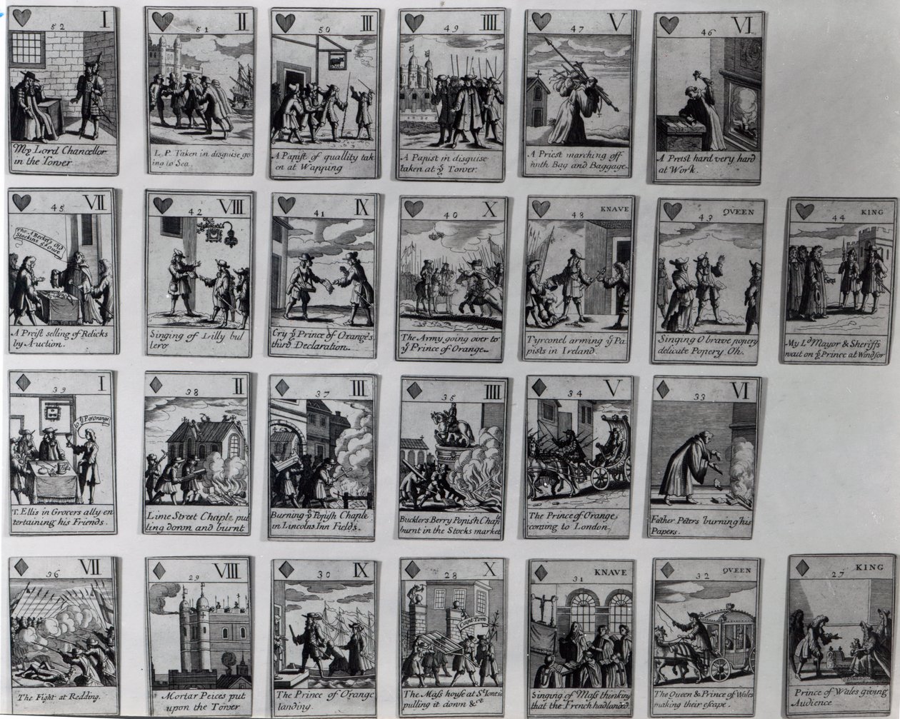 Carte da gioco che raffigurano episodi della Gloriosa Rivoluzione del 1688-89 da English School
