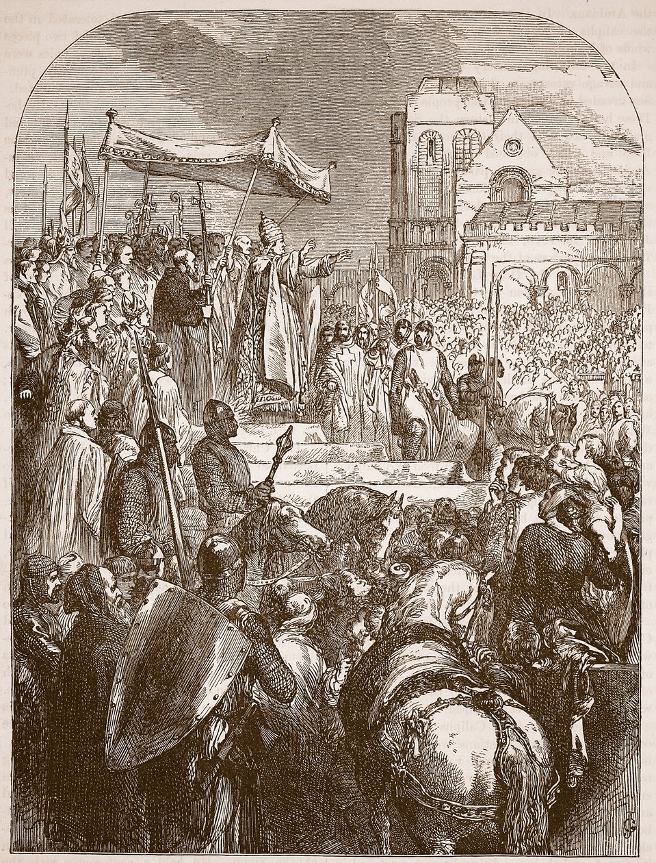 Papa Urbano II che predica la Prima Crociata nel mercato di Clermont, 1096, illustrazione da Cassells Illustrated History of England da English School