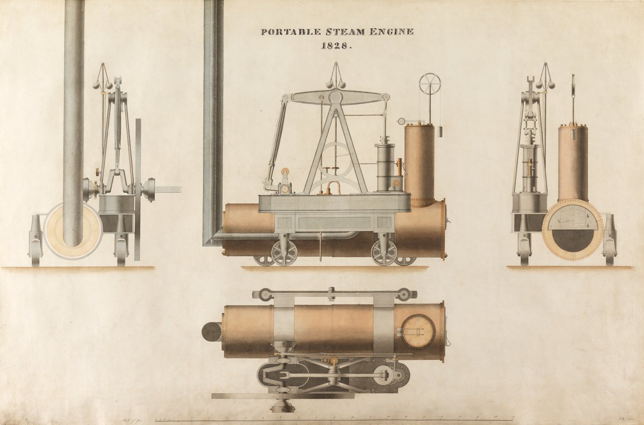 Motore a vapore portatile, progettato da Maudsley, Sons & Field, 1828 (penna e inchiostro e acquerello su carta) da English School