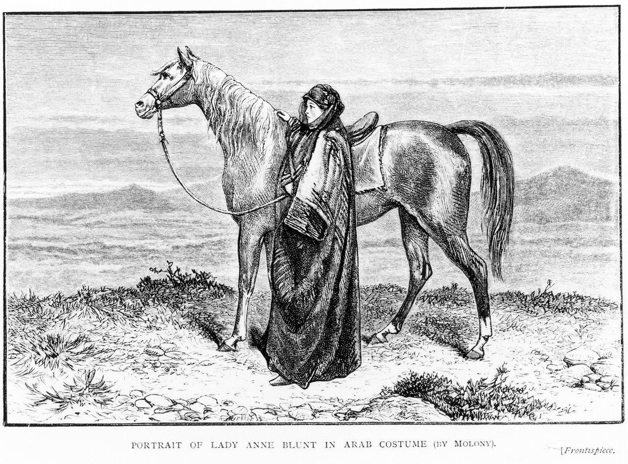 Ritratto di Lady Anne Blunt in costume arabo con un cavallo arabo, frontespizio del suo libro Un pellegrinaggio a Nejd, pubblicato nel 1881 da English School