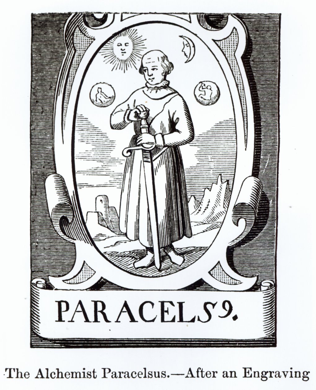 Ritratto di Paracelso (Philippus Aureolus Theophrastus) (1493-1541), illustrazione da Scienza e Letteratura nel Medioevo e nel Rinascimento, scritto e inciso da Paul Lacroix, 1878 da English School