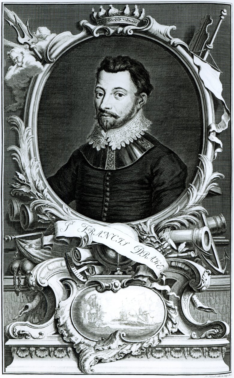 Ritratto di Sir Francis Drake (c.1540-96) inciso da Jacobus Houbraken (1698-1780) (incisione) da English School