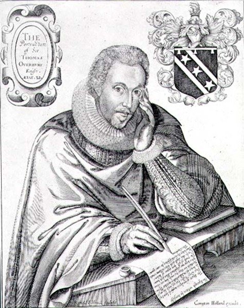 Ritratto di Sir Thomas Overbury che scrive il suo epitaffio, inciso da Renold Elstrack 1613 da English School