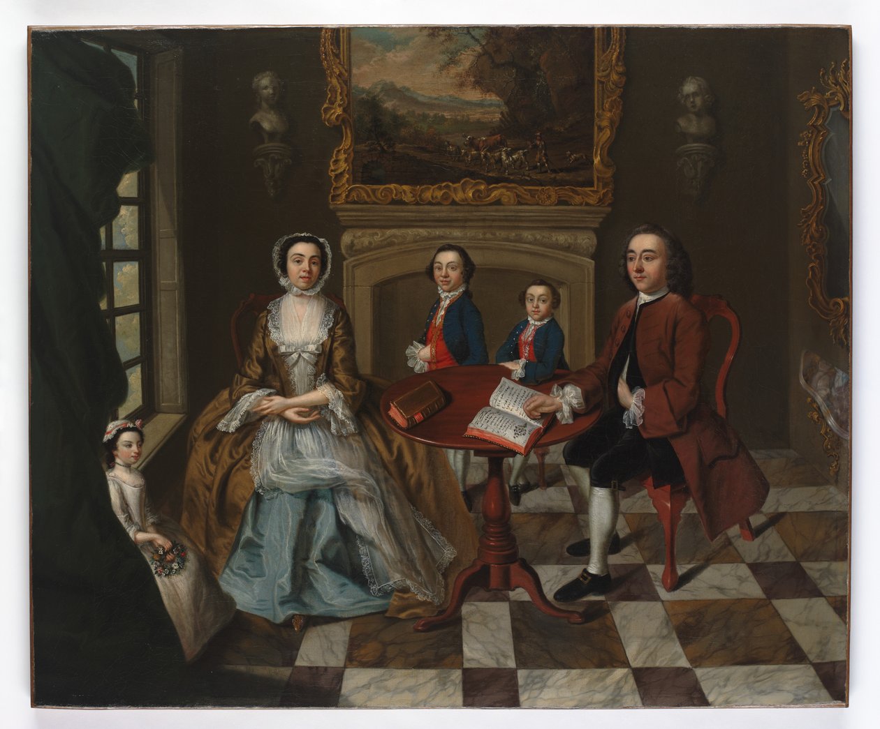 Ritratto di una famiglia in un interno, si pensa sia la famiglia Roubel, 1750 da English School