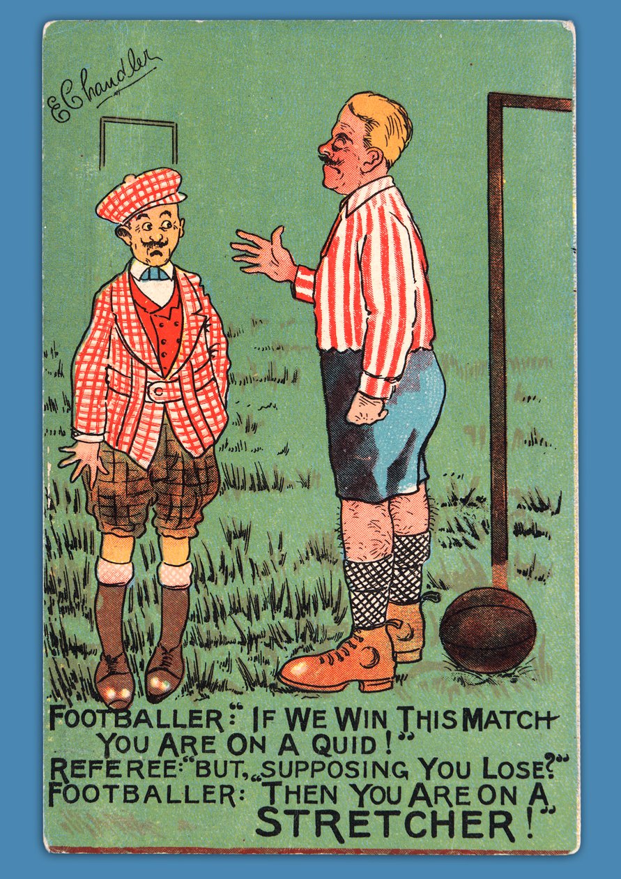 Cartolina che raffigura una caricatura di un calciatore spagnolo da English School