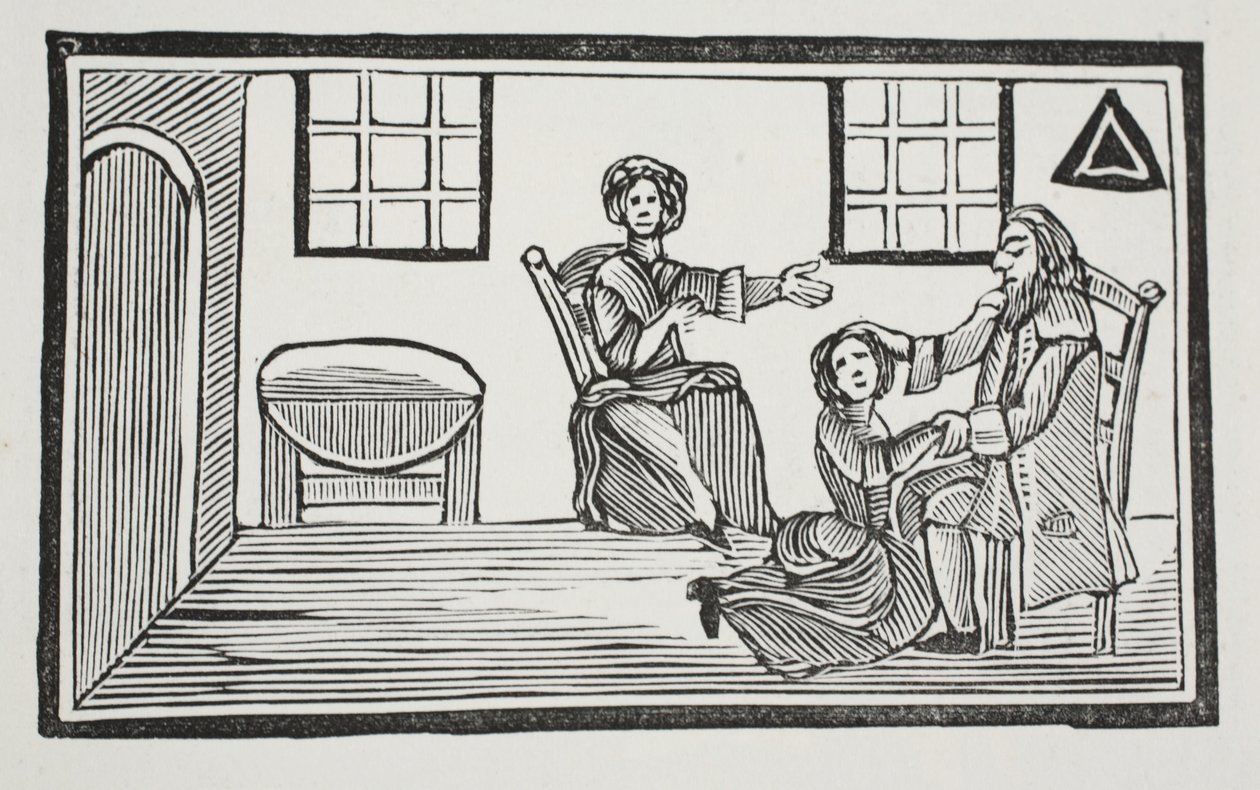 La bella Bessie riceve la benedizione del padre quando va a cercare il proprio sostentamento, illustrazione da Chap-books del XVIII secolo di John Ashton, pub. 1882 da English School