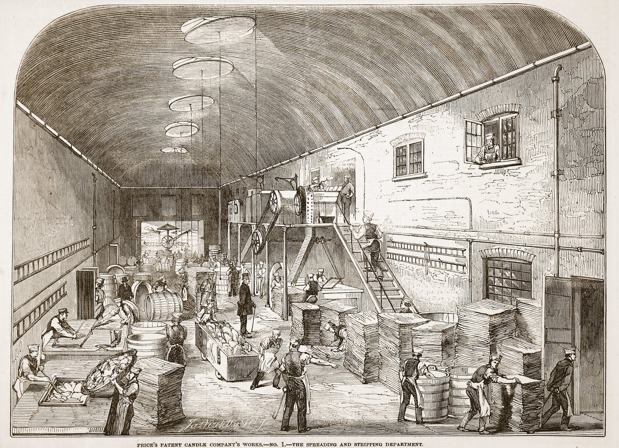 Opere della Prices Patent Candle Company, n.1: Il reparto di diffusione e spogliatura, da The Illustrated London News, 1849 da English School