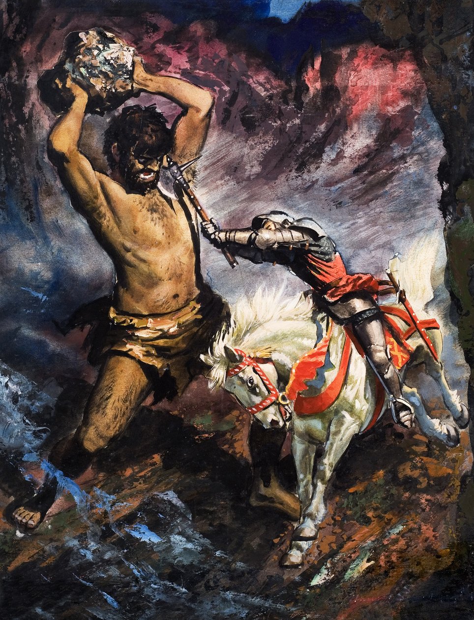 Il principe Artù uccide il gigante, illustrazione da "La regina delle fate" (guazzo su carta) da English School