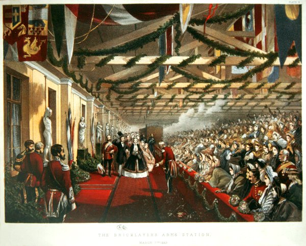 La principessa Alessandra di Danimarca arriva a Londra il 7 marzo 1863 alla stazione di Bricklayers Arms con il suo futuro marito, il principe di Galles. 1863 da English School
