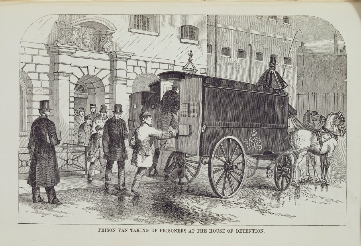 Furgone della prigione che prende i prigionieri alla Casa di Detenzione, da The Criminal Prisons of London and Scenes of Prison Life di Henry Mayhew e John Binny, 1862 da English School