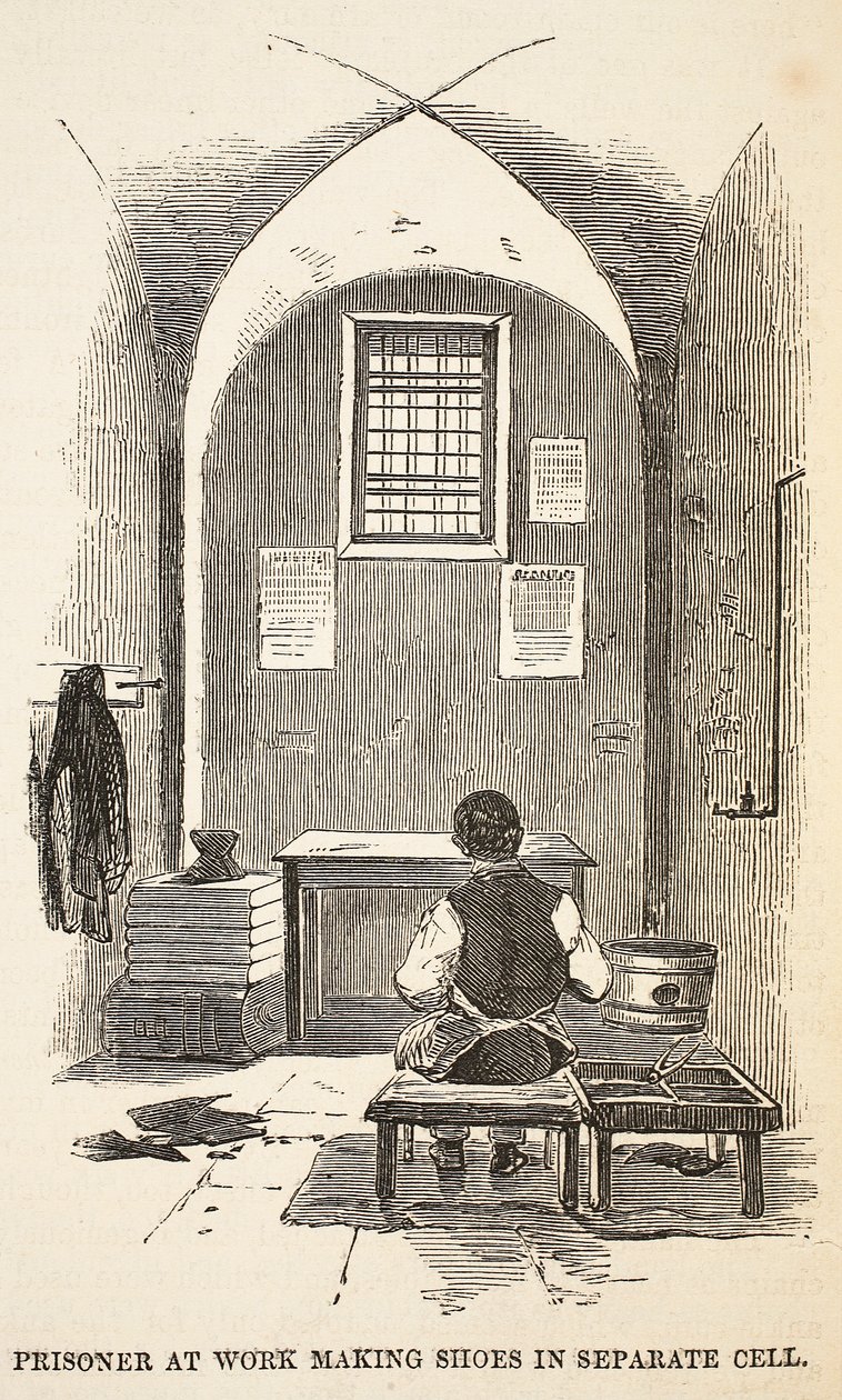 Prigioniero al lavoro a fare scarpe in cella separata, illustrazione da Le Prigioni Criminali di Londra e Scene dalla Vita Carceraria di Henry Mayhew e John Binny, pub. 1862 da English School
