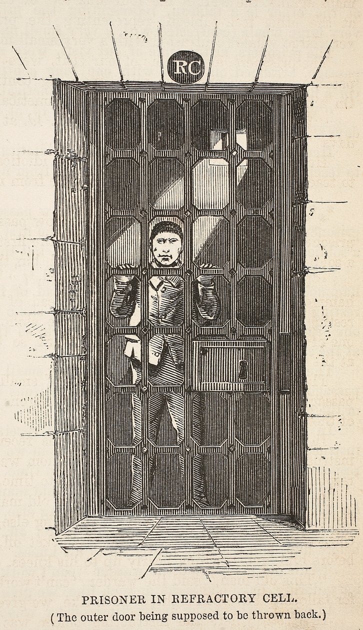 Prigioniero nella cella di isolamento (la porta esterna si suppone sia aperta), illustrazione da Le Prigioni Criminali di Londra e Scene dalla Vita Carceraria di Henry Mayhew e John Binny, pub. 1862 da English School