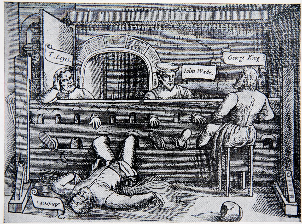 Prigionieri nella Torre dei Lollardi, da Acts and Monuments di John Foxe (1516-87), 1563, illustrazione da The History of the Nation da English School