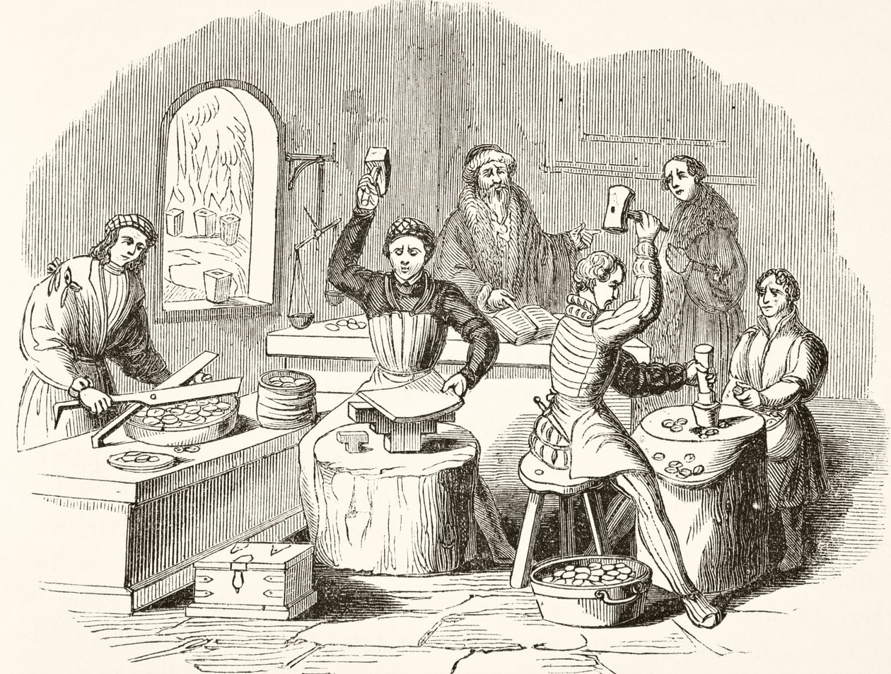 Processo di coniazione nel XVI secolo, da The National and Domestic History of England di William Hickman Smith Aubrey, pubblicato a Londra, c.1890 da English School