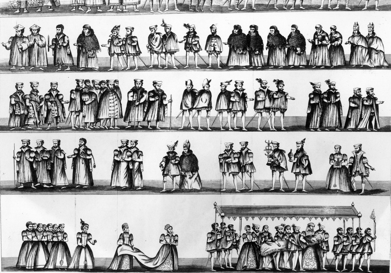 Processione al battesimo del principe Arturo, figlio di Enrico VII, inciso nel 1782 da English School