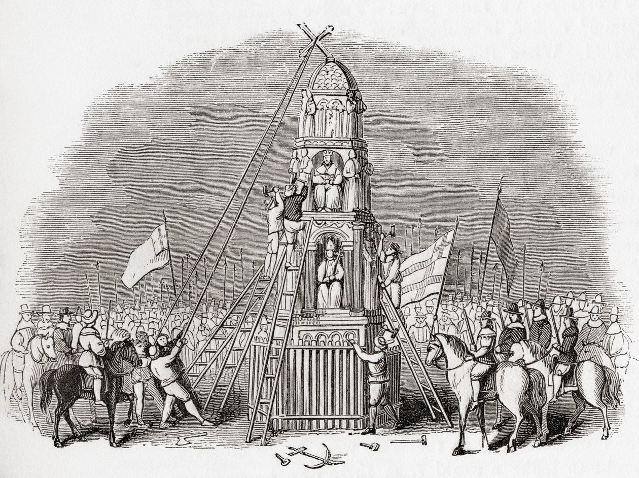 I puritani distruggono la Croce di Cheapside alias Eleanor Cross, Londra, Inghilterra nel 1643, da Old England: A Pictorial Museum, pub. 1847 da English School