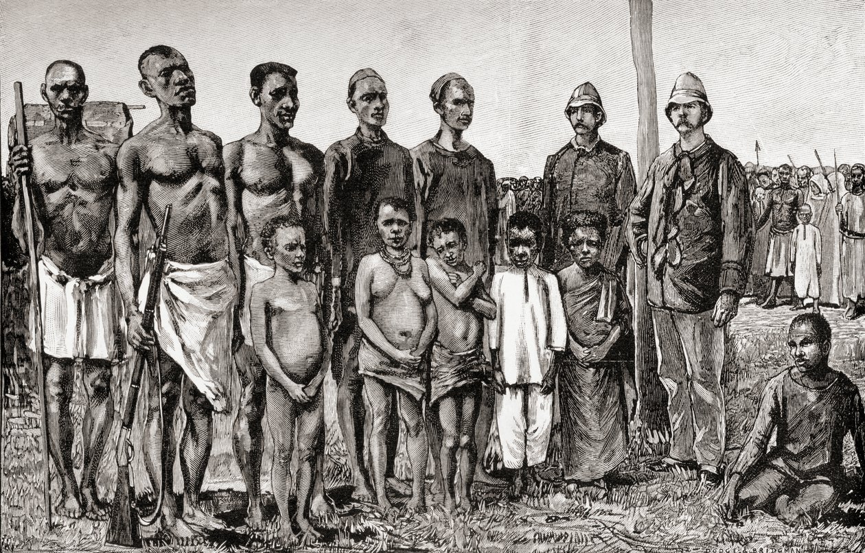 Nativi pigmei a confronto con ufficiali inglesi, sudanesi e zanzibarini, 1890 da English School