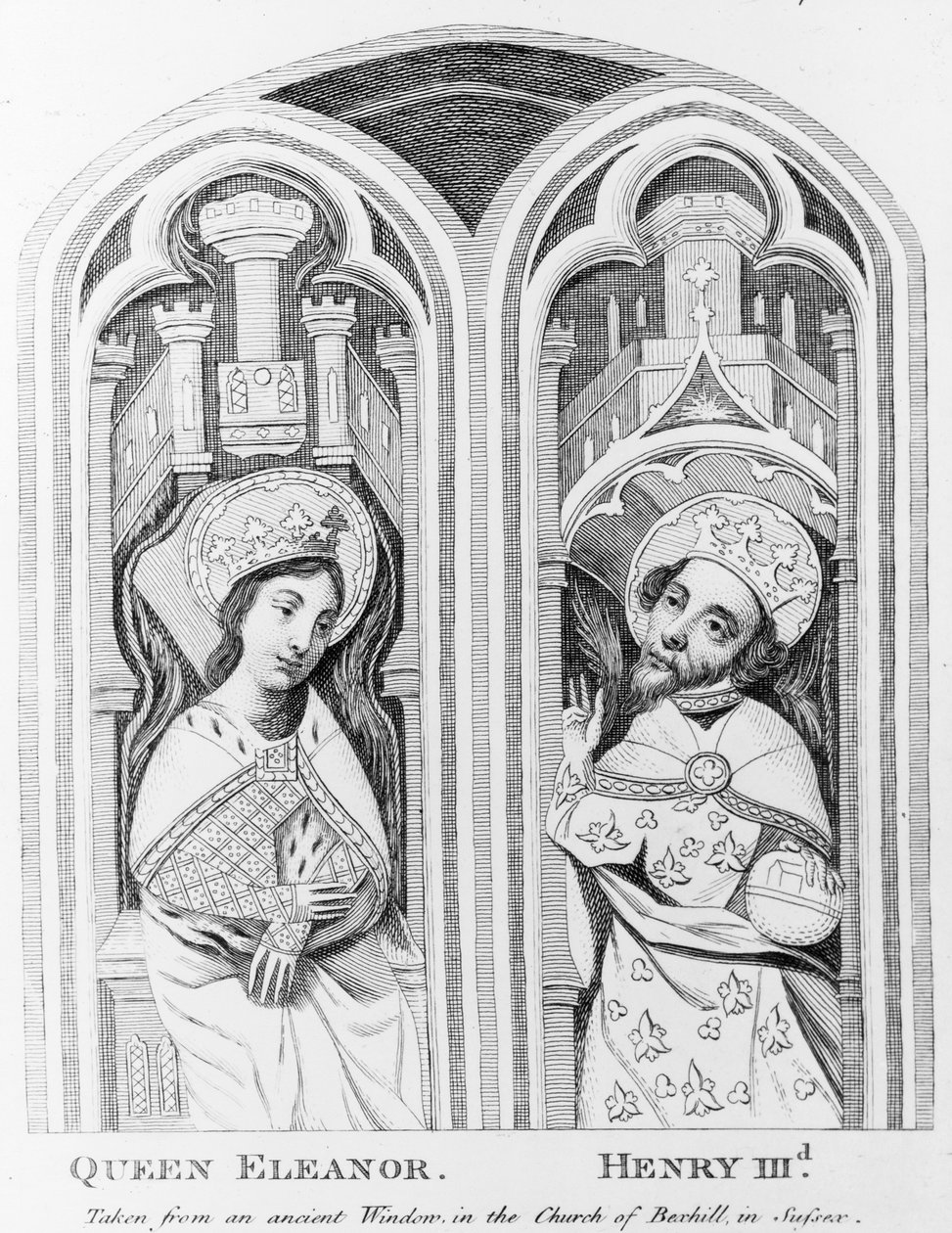 Regina Eleonora e Enrico III, tratto da una finestra antica nella Chiesa di Boxhill, Sussex da English School