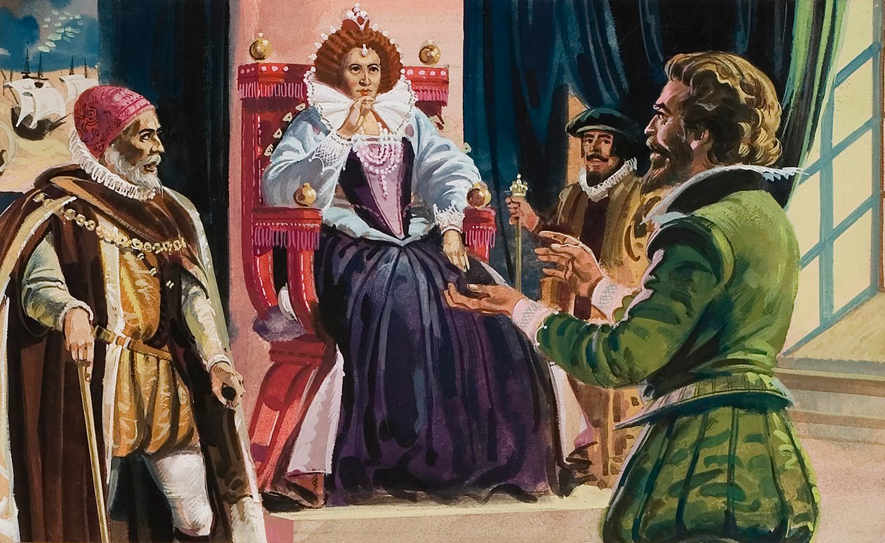 La regina Elisabetta I (1533-1603) e Sir Francis Drake (1540-96) (gouache su carta) da English School