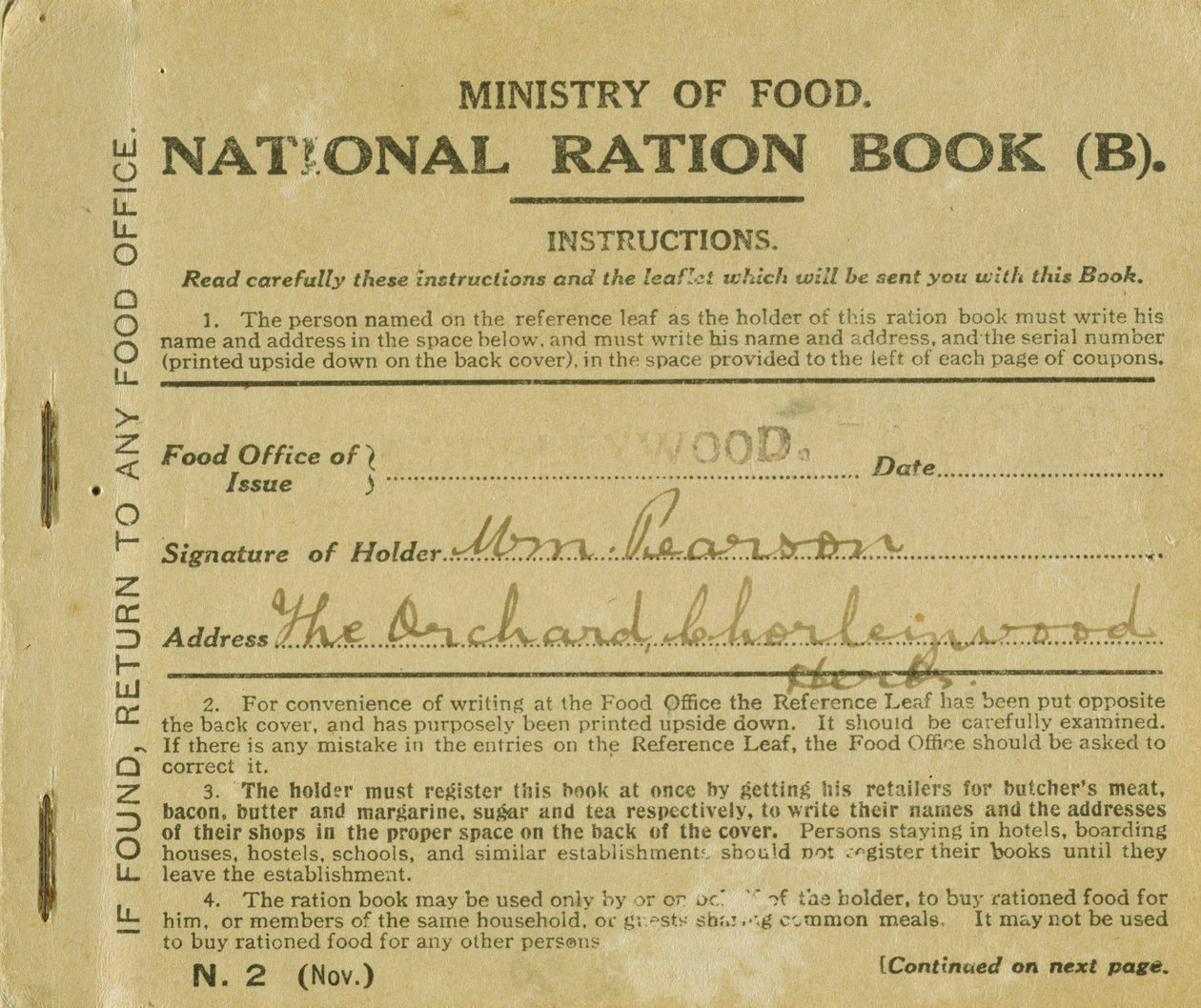 Libretto di razionamento per William Pearson, Chorleywood, Hertfordshire, 1919 da English School
