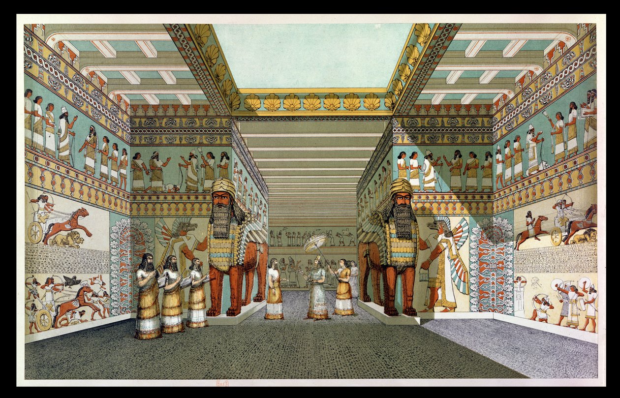 Ricostruzione della sala di un palazzo assiro, da Discoveries in the Ruins of Nineveh and Babylon di Austen Henry Layard (1817-94) da English School