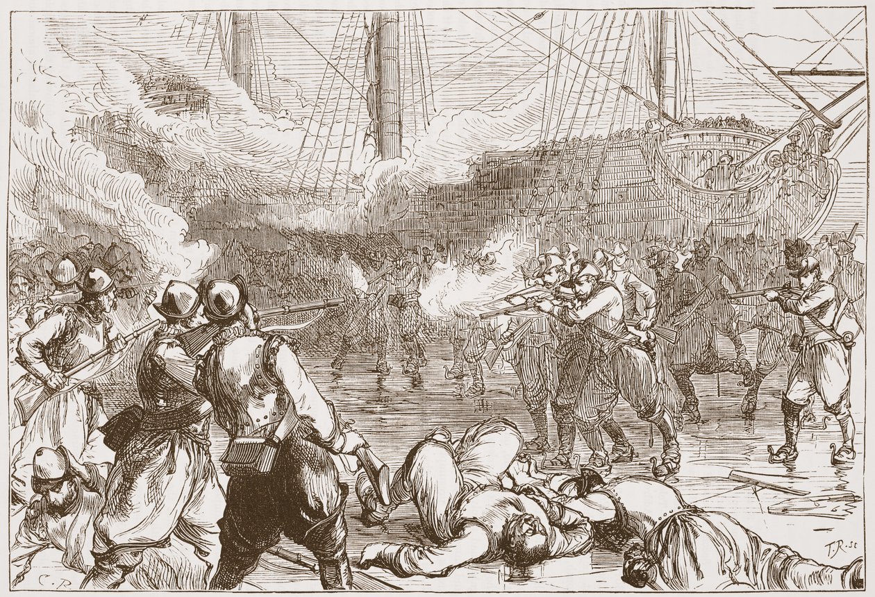 Respingimento dei soldati spagnoli ad Amsterdam, illustrazione da La storia del protestantesimo di James Aitken Wylie, pub. 1878 da English School