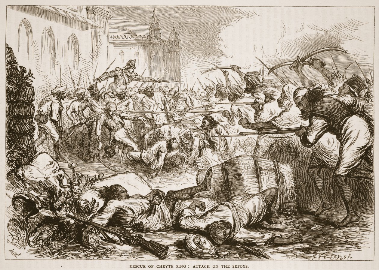 Salvataggio di Cheyte Sing: attacco ai sepoy, illustrazione da Cassells Illustrated History of India di James Grant, pub. 1879 da English School