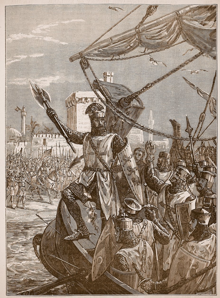 Riccardo che sbarca a Giaffa, illustrazione da Cassells Illustrated History of England da English School