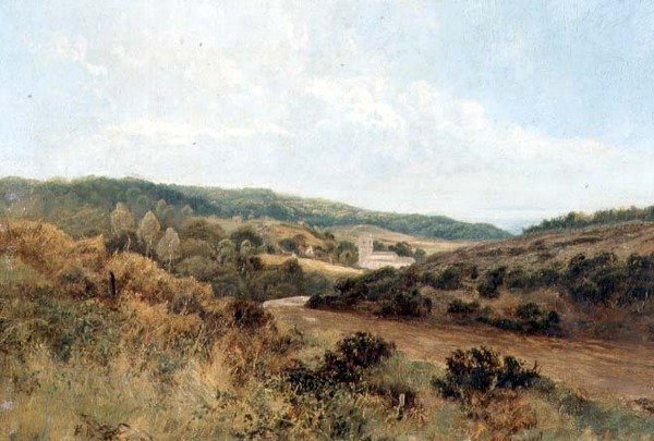 Paesaggio fluviale con chiesa in lontananza da English School