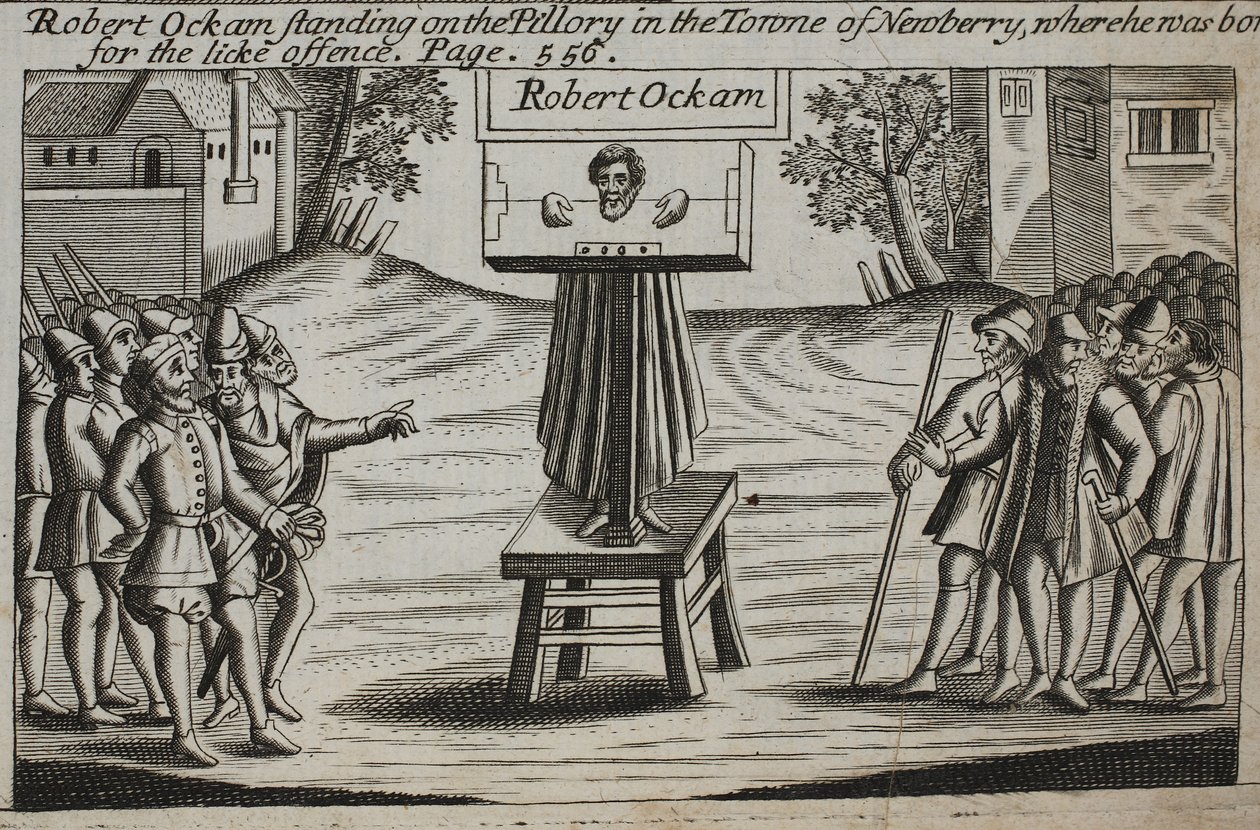 Robert Ockam sul palco nella città di Newberry, dove è nato, illustrazione da Atti e Monumenti di John Foxe, nona edizione, pub. 1684 da English School