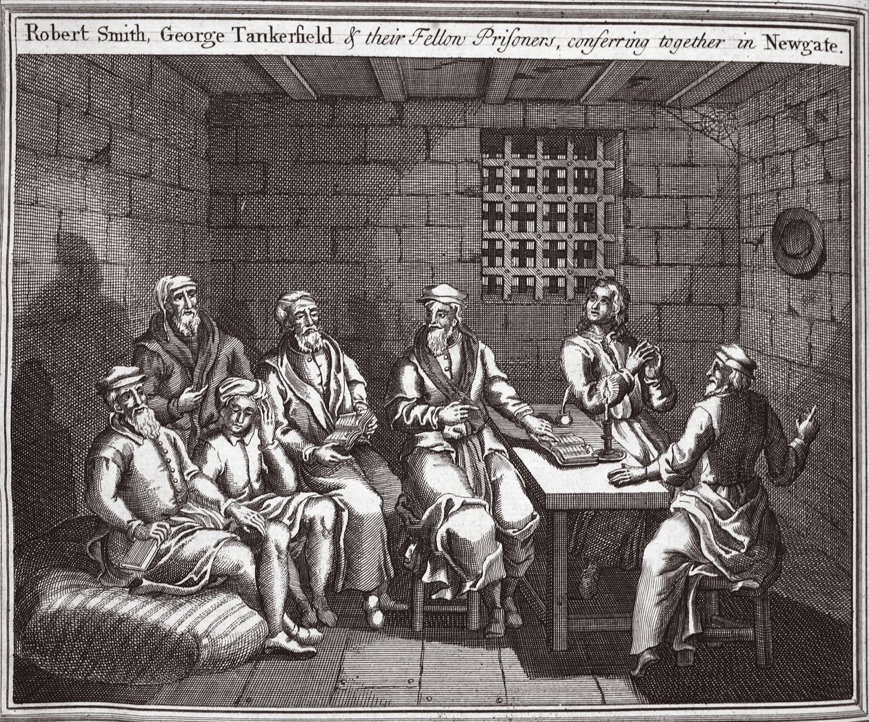 Robert Smith, George Tankerfield e i loro compagni prigionieri che conferiscono insieme a Newgate, illustrazione da Foxes Martyrs c.1703 da English School