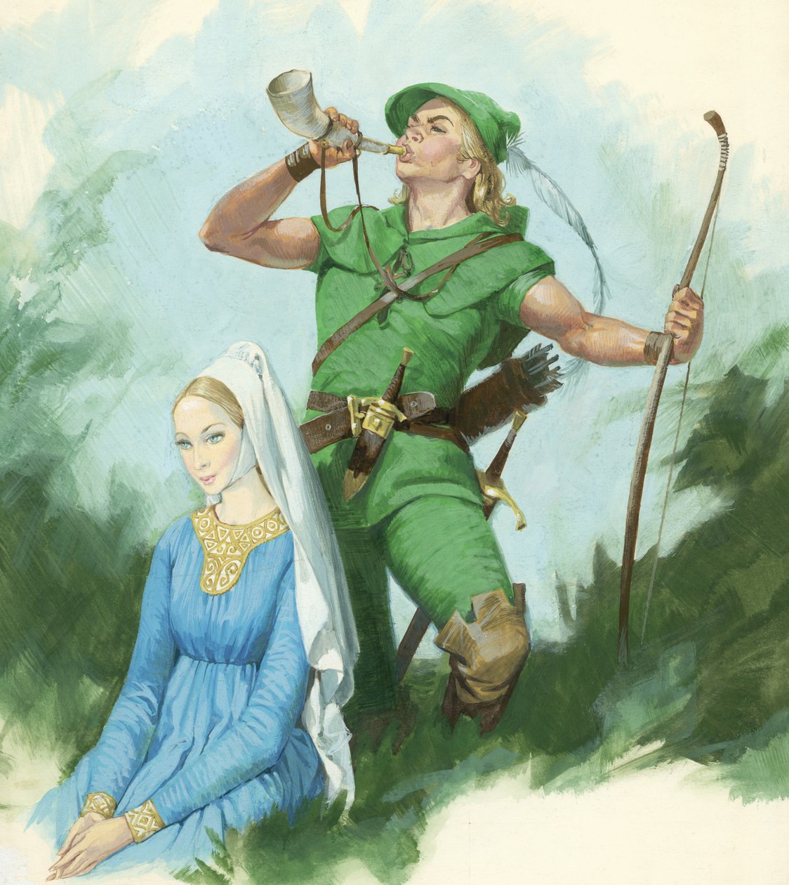 Robin Hood che suona il corno (gouache su carta) da English School