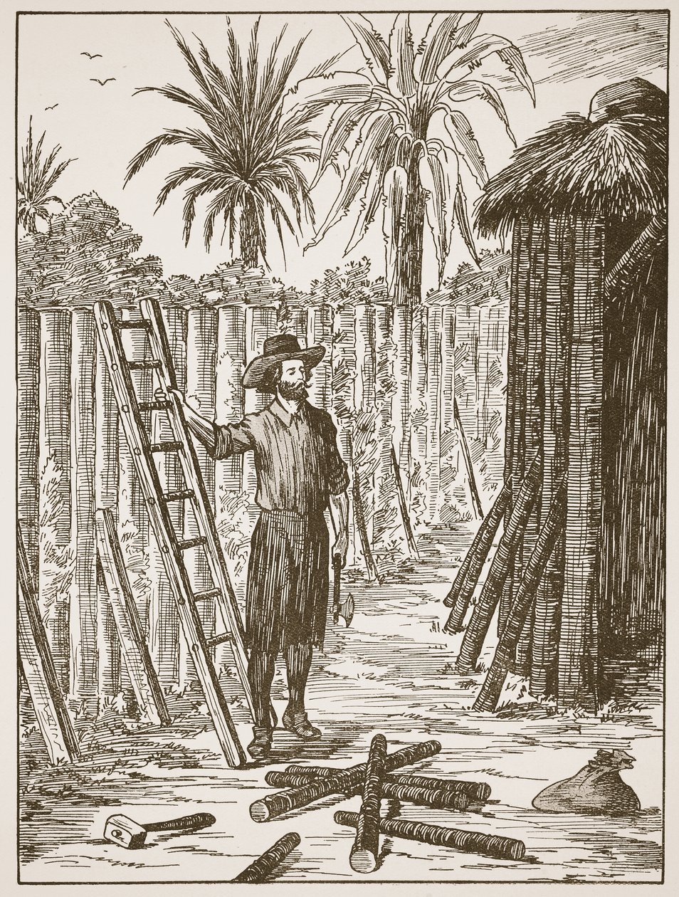 Robinson Crusoe costruisce il suo pergolato, illustrazione da La storia di Robinson Crusoe: Un adattamento per bambini seguendo il linguaggio di Defoe, pub. da Griffith Farran Browne & Co. Limited, Londra da English School
