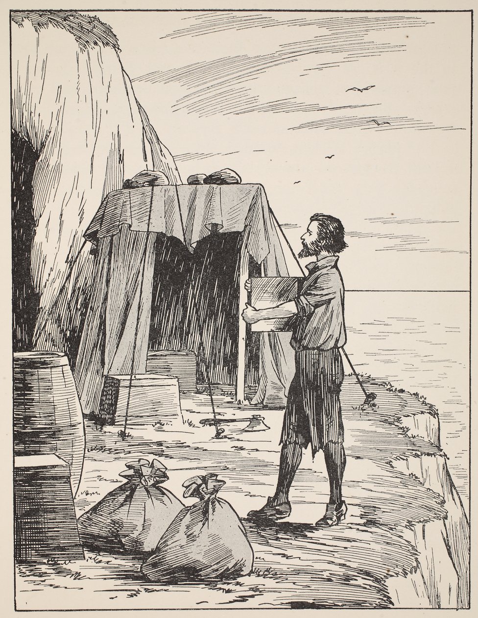 Robinson Crusoe costruisce il suo rifugio, illustrazione da La storia di Robinson Crusoe: Un adattamento per bambini seguendo il linguaggio di Defoe, pub. da Griffith Farran Browne & Co. Limited, Londra da English School