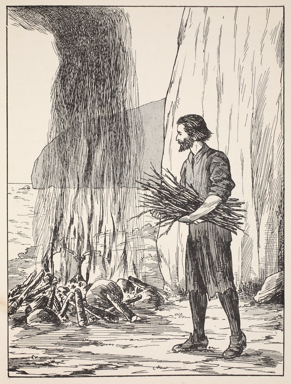 Robinson Crusoe cucina, illustrazione da La storia di Robinson Crusoe: Un adattamento per bambini seguendo il linguaggio di Defoe, pub. da Griffith Farran Browne & Co. Limited, Londra da English School