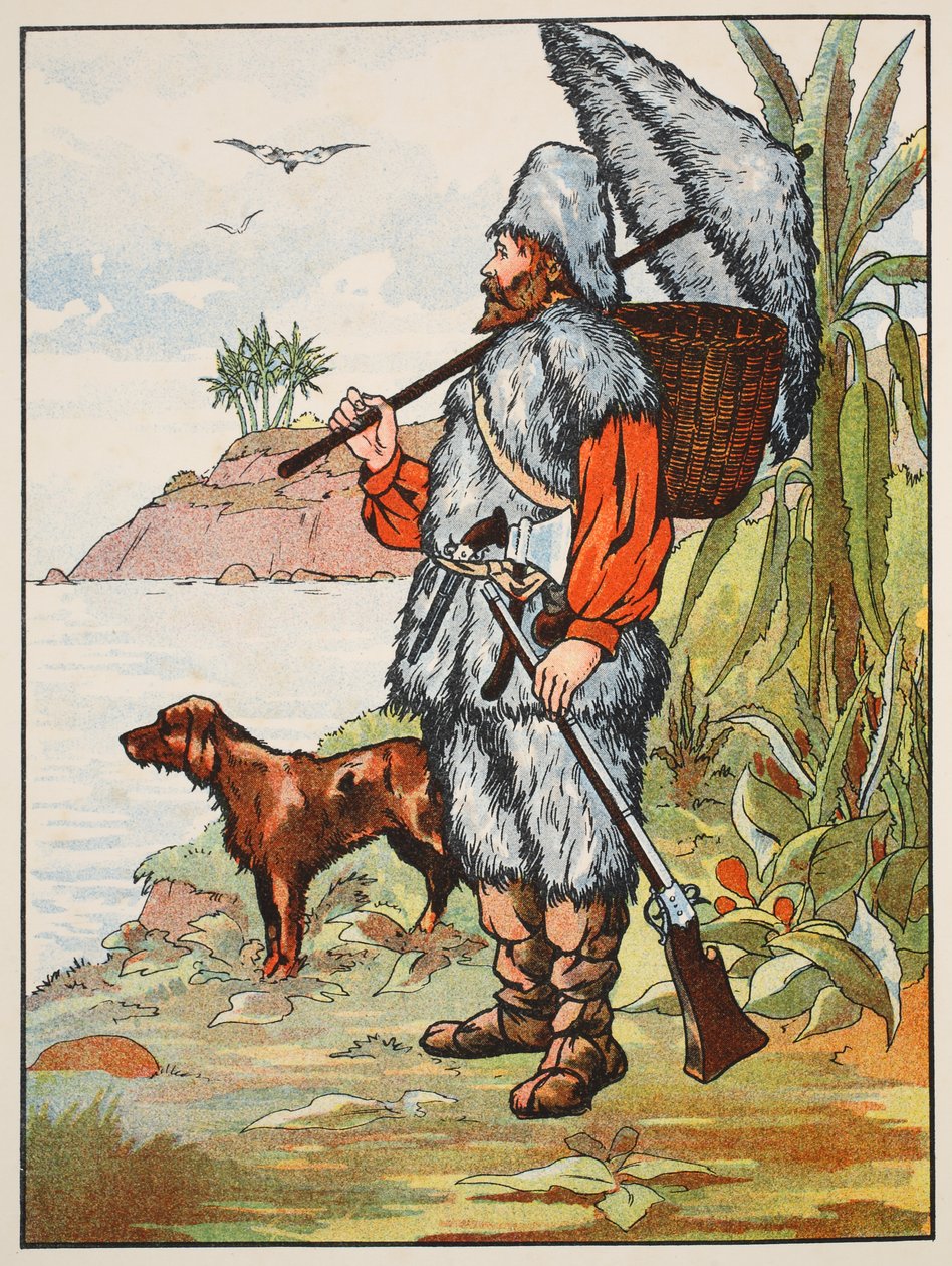 Robinson Crusoe, illustrazione da La storia di Robinson Crusoe: Un adattamento per bambini seguendo il linguaggio di Defoe, pub. da Griffith Farran Browne & Co. Limited, Londra da English School