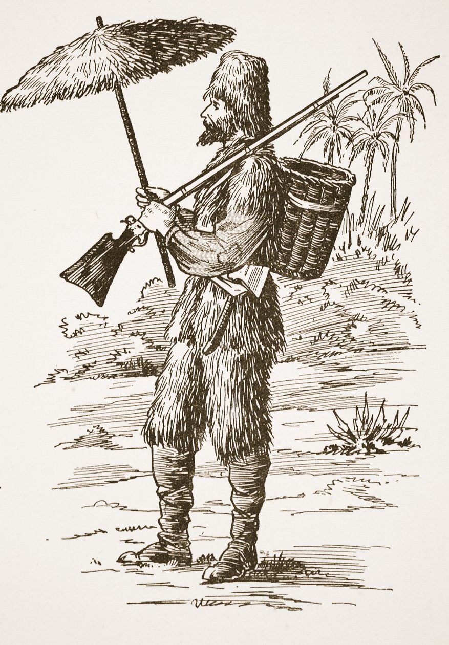 Robinson Crusoe, illustrazione da La storia di Robinson Crusoe: Un adattamento per bambini seguendo il linguaggio di Defoe, pub. da Griffith Farran Browne & Co. Limited, Londra da English School