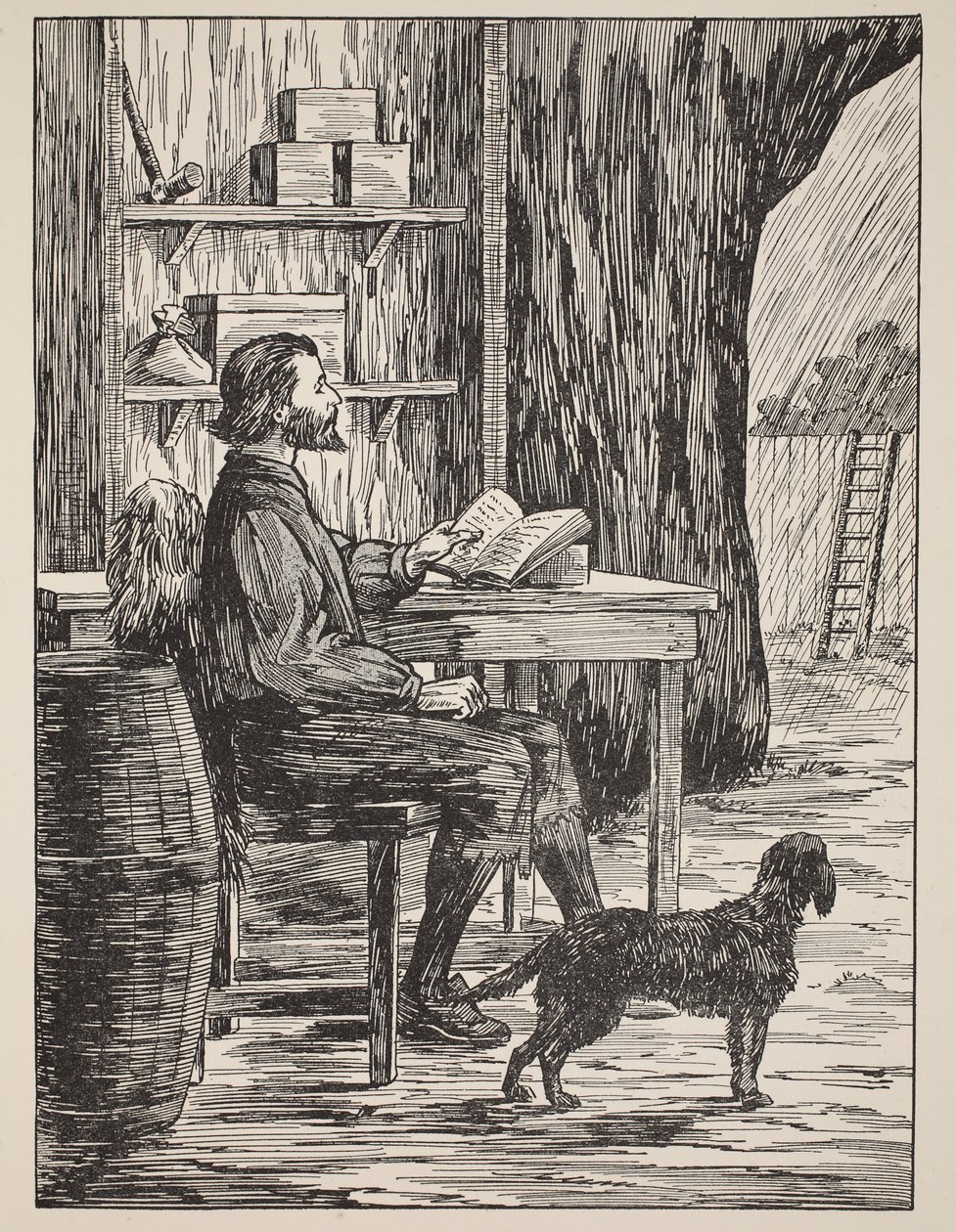 Robinson Crusoe nella sua caverna, illustrazione da La storia di Robinson Crusoe: Un adattamento per bambini seguendo il linguaggio di Defoe, pub. da Griffith Farran Browne & Co. Limited, Londra da English School