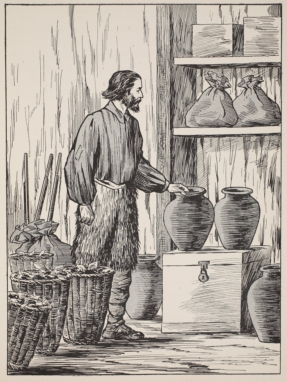 Robinson Crusoe nel suo magazzino, illustrazione da La storia di Robinson Crusoe: Un adattamento per bambini seguendo il linguaggio di Defoe, pub. da Griffith Farran Browne & Co. Limited, Londra da English School