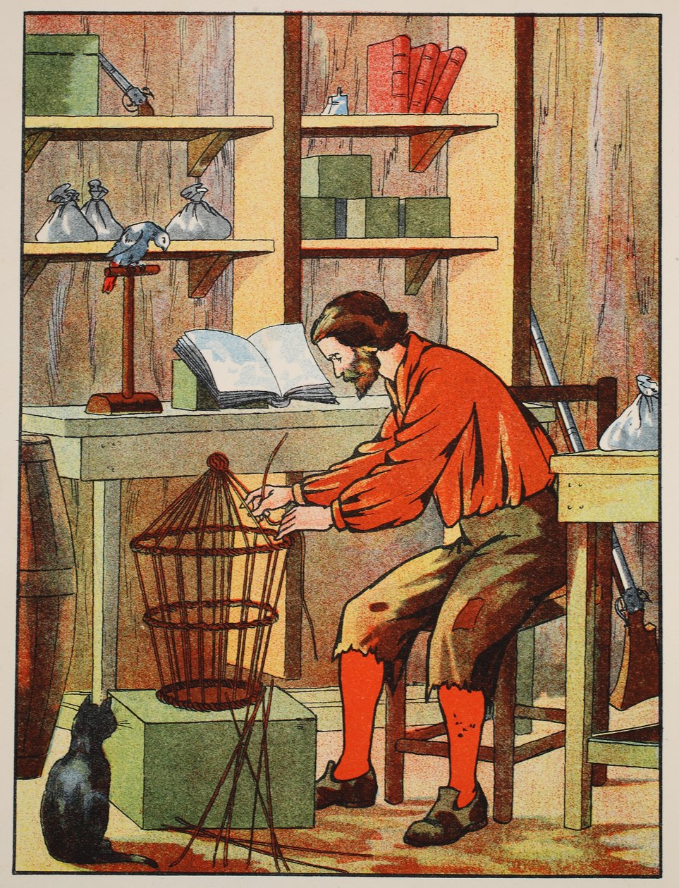 Robinson Crusoe costruisce una gabbia per il suo pappagallo, illustrazione da La storia di Robinson Crusoe: Un adattamento per bambini seguendo il linguaggio di Defoe, pub. da Griffith Farran Browne & Co. Limited, Londra da English School