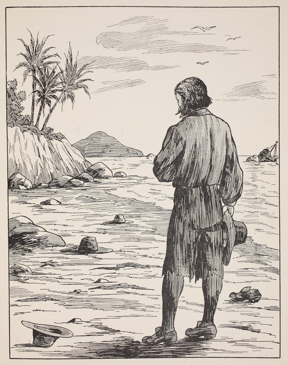 Robinson Crusoe sulla sua isola, illustrazione da La storia di Robinson Crusoe: Un adattamento per bambini seguendo il linguaggio di Defoe, pub. da Griffith Farran Browne & Co. Limited, Londra da English School