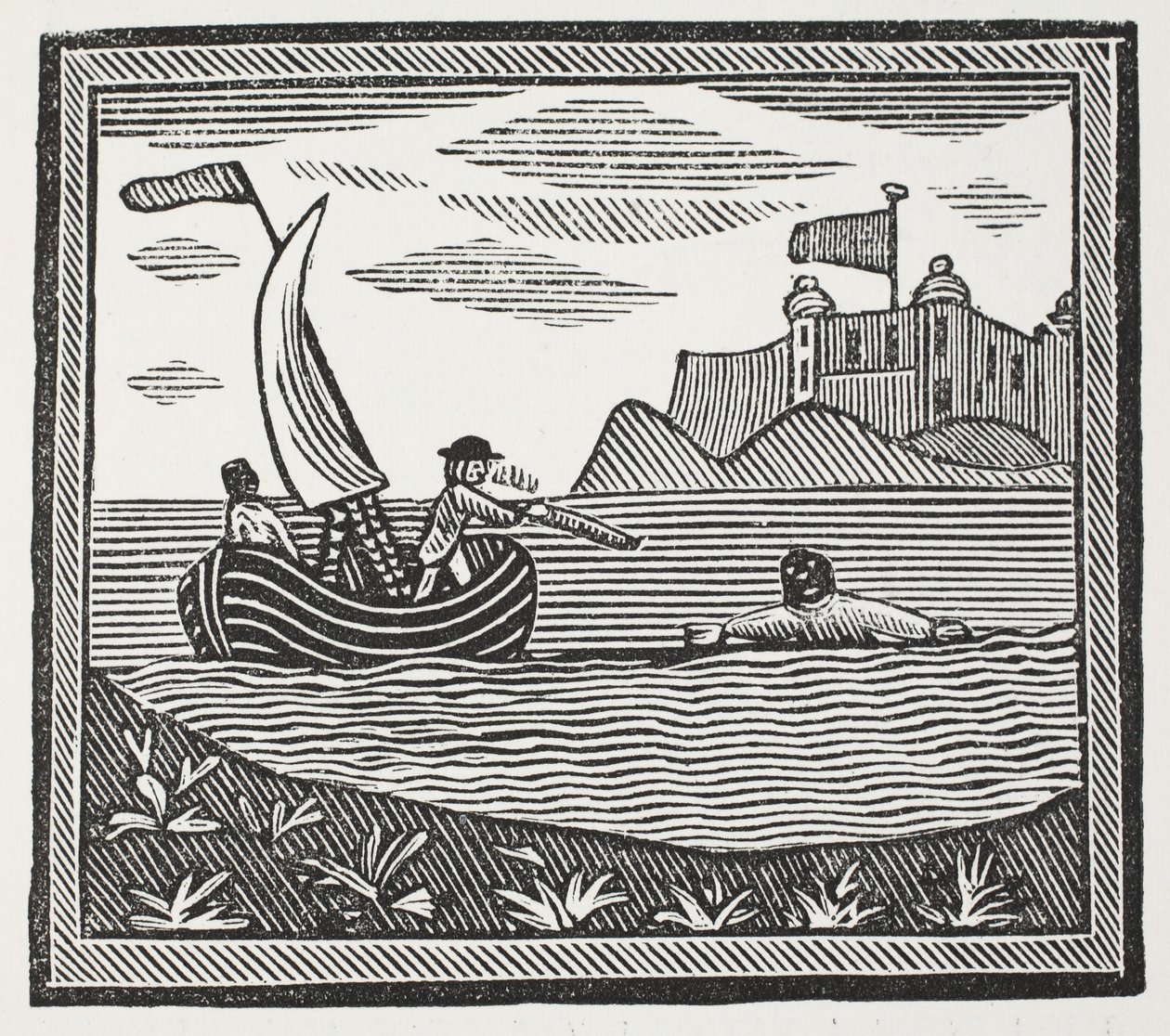 Robinson e Xury che scappano dai Mori, illustrazione da Chap-books del XVIII secolo di John Ashton, pub. 1882 da English School