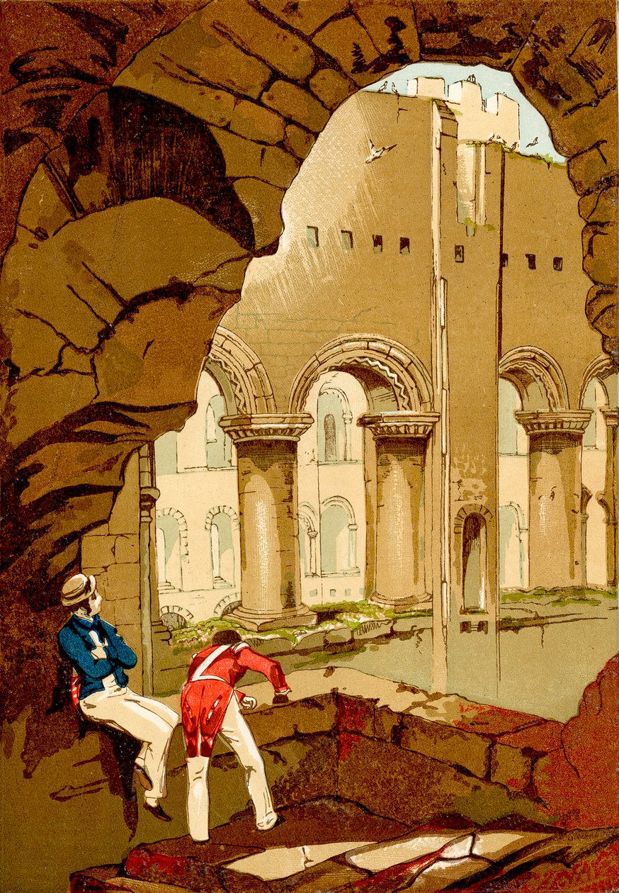 Castello di Rochester, interno (incisione a colori) da English School
