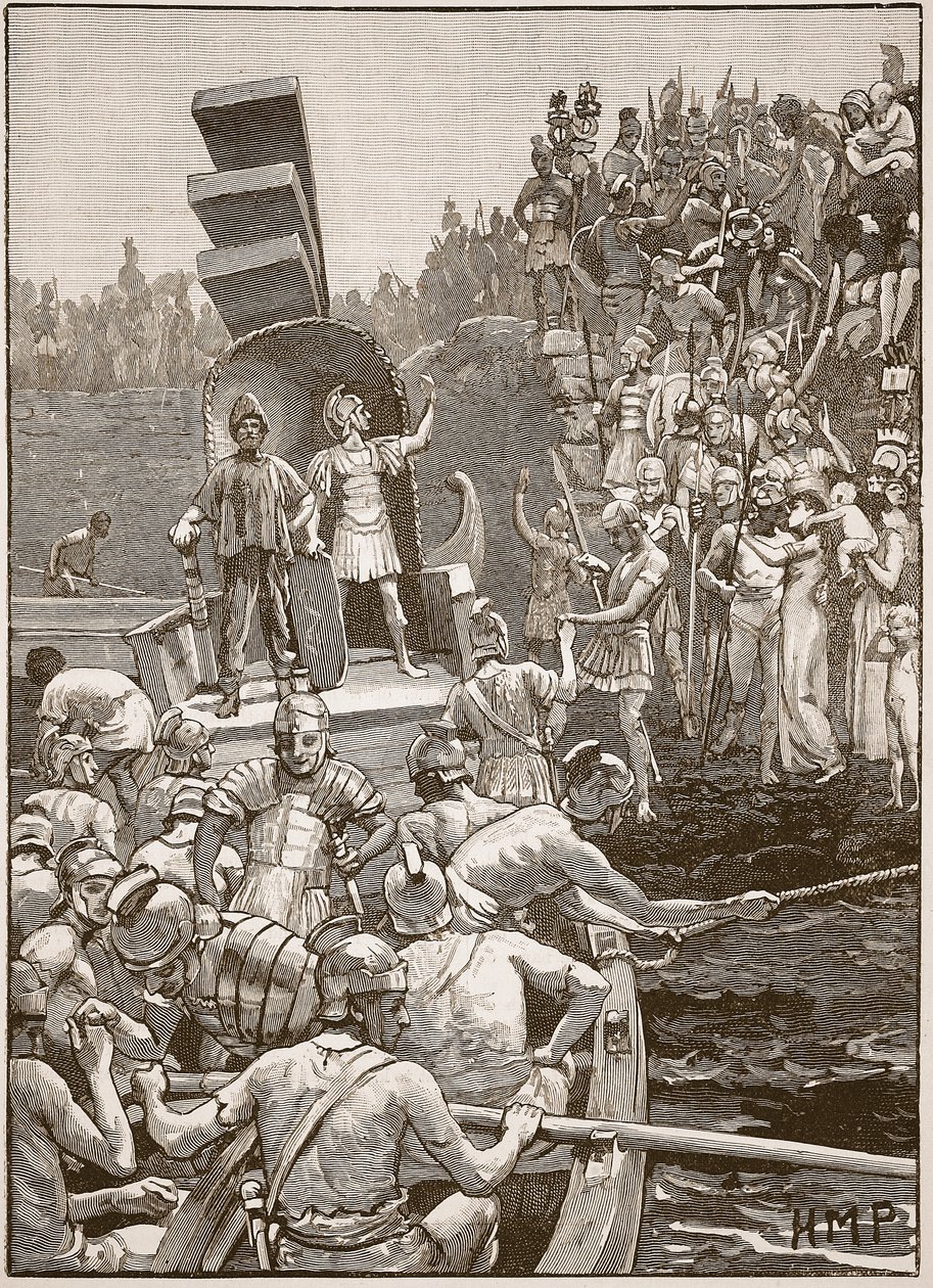 Soldati romani che lasciano la Britannia, illustrazione da Cassells Illustrated History of England da English School