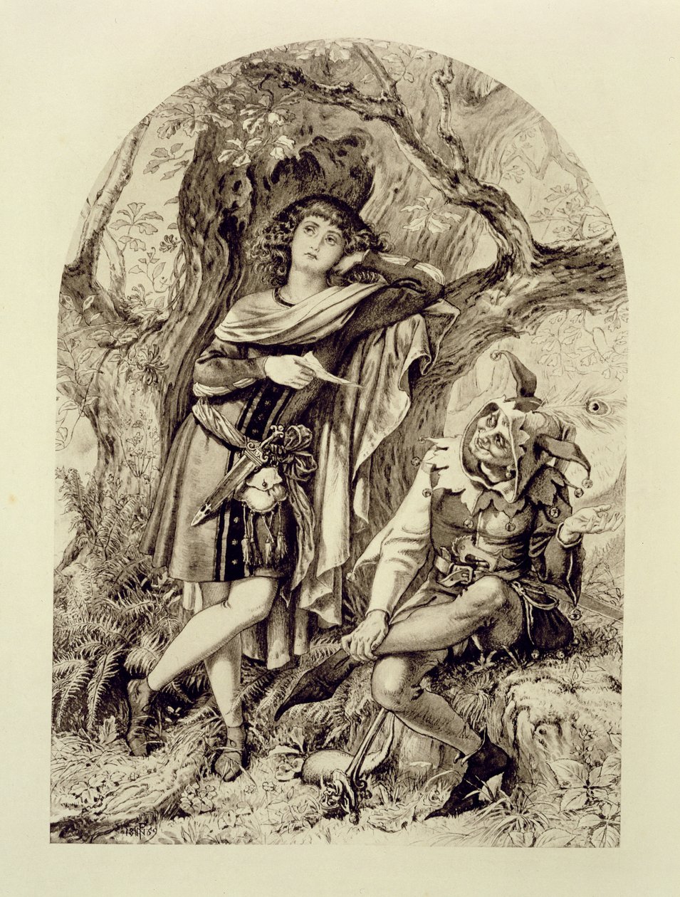 Rosalind e Touchstone, Atto III Scena 2, in Come vi piace, di William Shakespeare (1564-1616) da English School