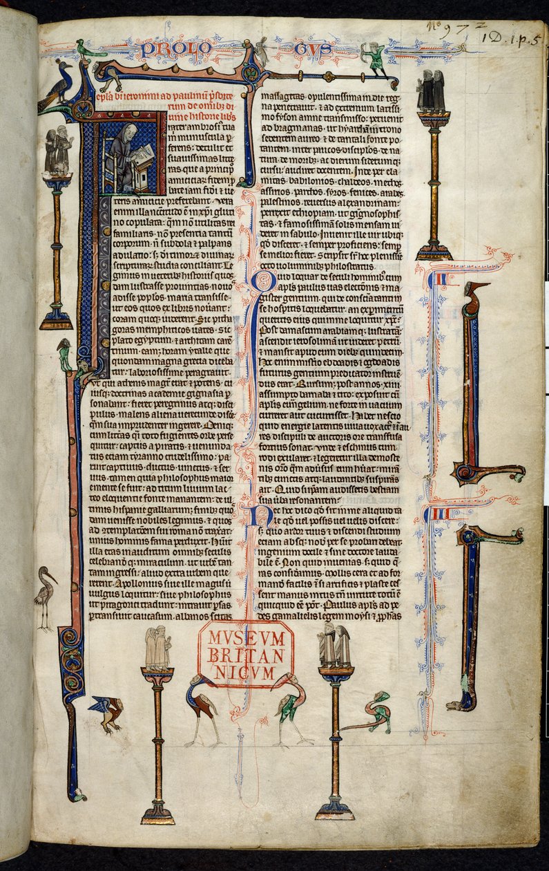 Royal 1 D I, f.1r, Girolamo, frati su colonne, dalla Bibbia di William of Devon (pergamena) da English School