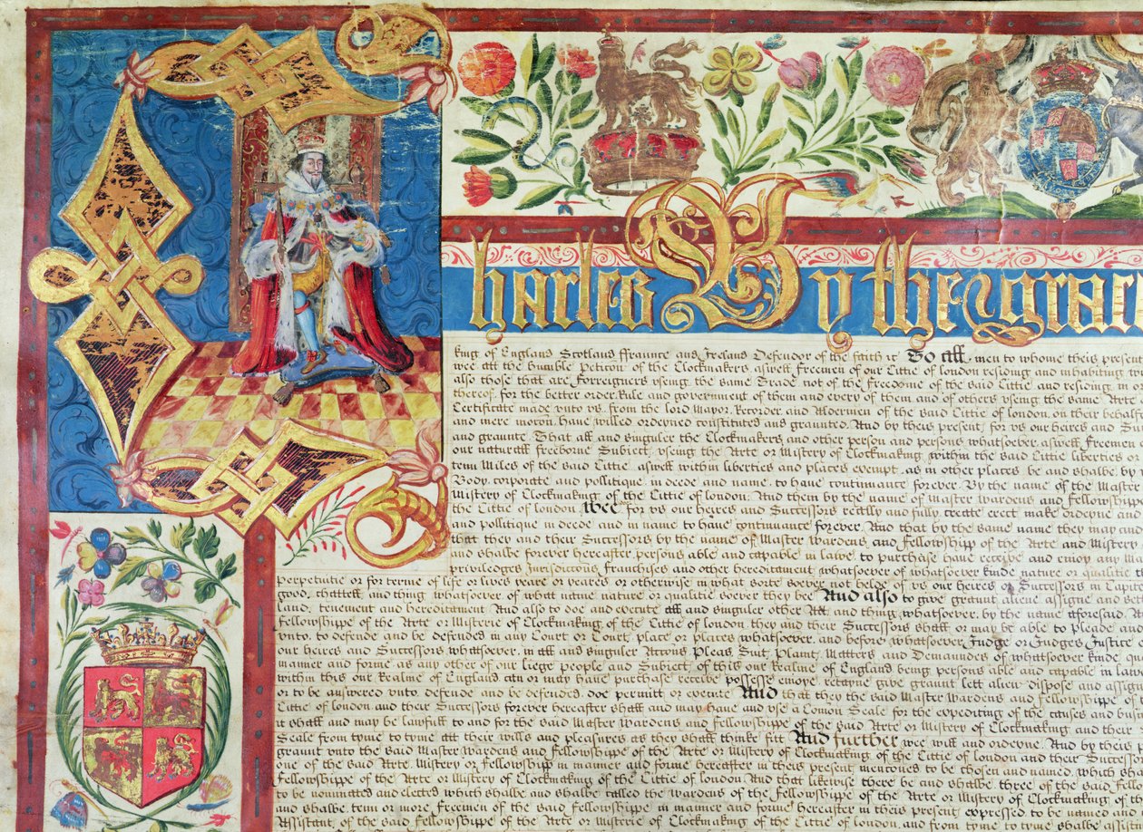 Carta reale per la Compagnia dei Tessitori nel regno di Carlo II (1630-85) (dettaglio) da English School
