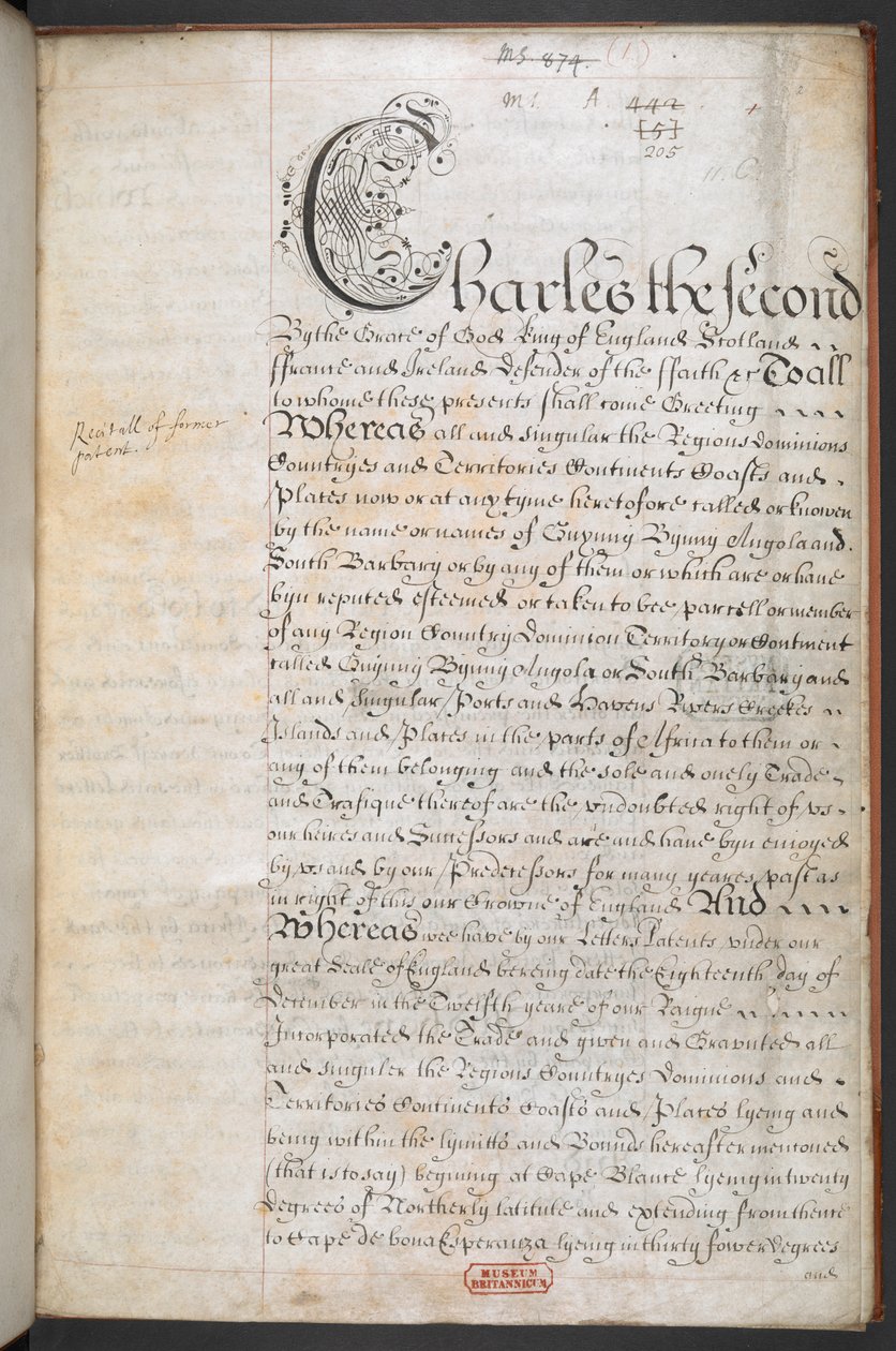 Carta reale concessa alla Royal English Merchant Adventurers Company per il commercio in Africa da English School