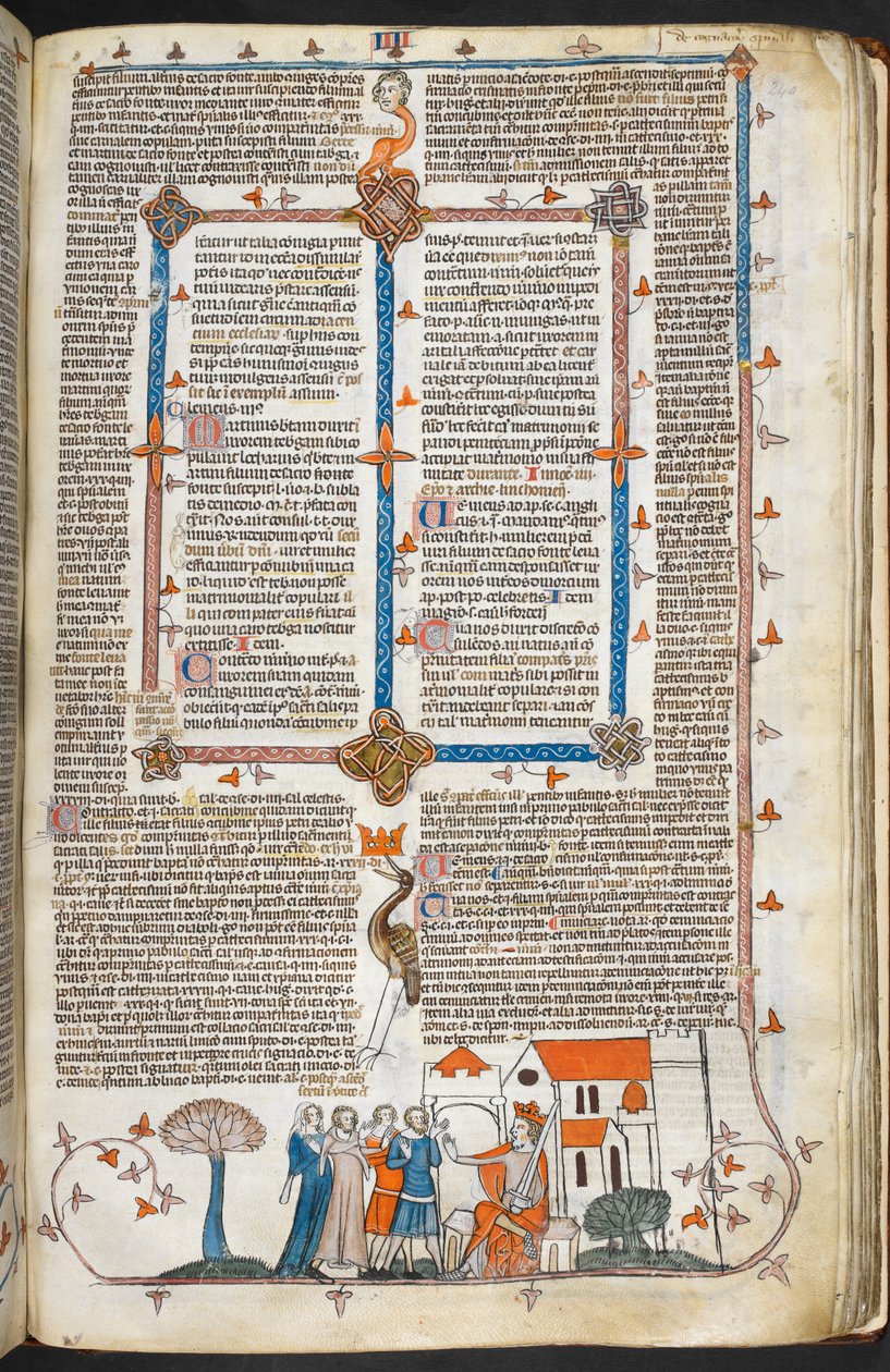 Re che difende il suo palazzo e decorazione marginale, illustrazione dalle 