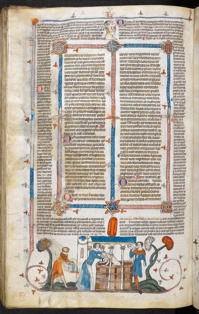 Royal MS 10 IV f.297v Bagno di una vittima della peste e decorazione marginale, illustrazione da 